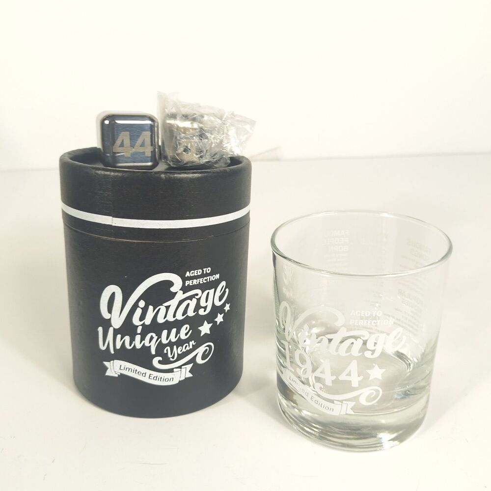 Vintage 1944 Whiskey Rocks Glass Gift Set With Stainless Whiskey Stones